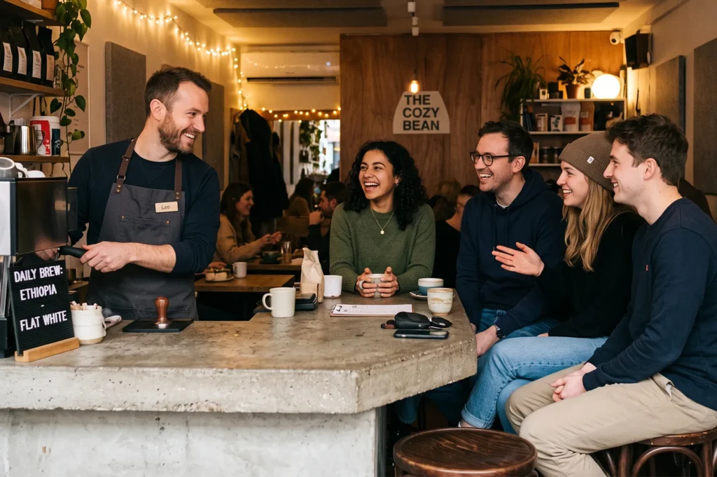 A friendly barista named Leo laughing with a group of four young adult customers sitting at a concrete counter inside The Cozy Bean coffee shop.