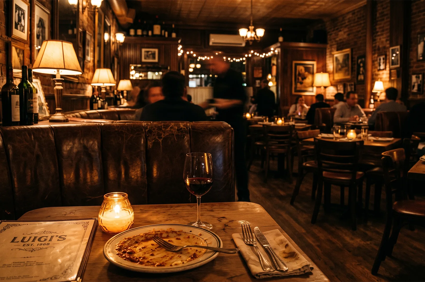 Dimly lit interior of an Italian restaurant with wooden tables, leather booths, a candle, and an empty plate with red wine after dinner.
