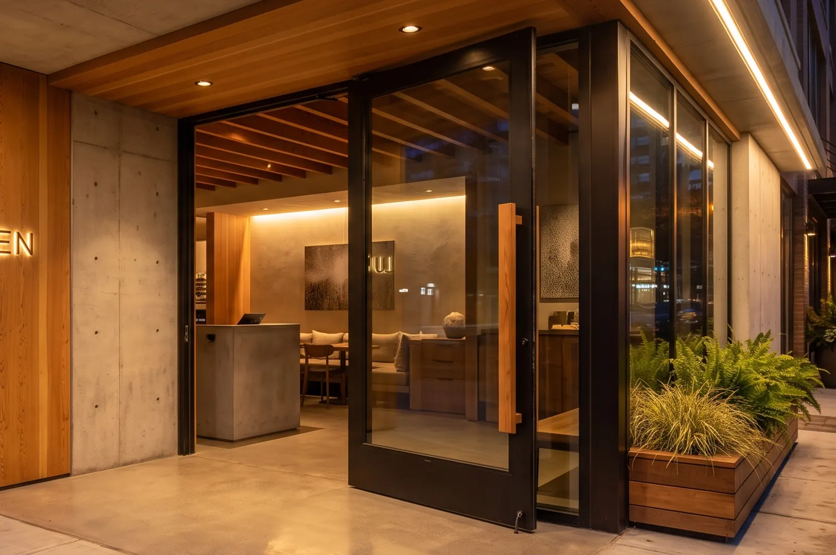 Modern luxury store exterior and glass entrance featuring warm wooden ceiling slats, ambient LED cove lighting, concrete walls, and lush green planter box at night.