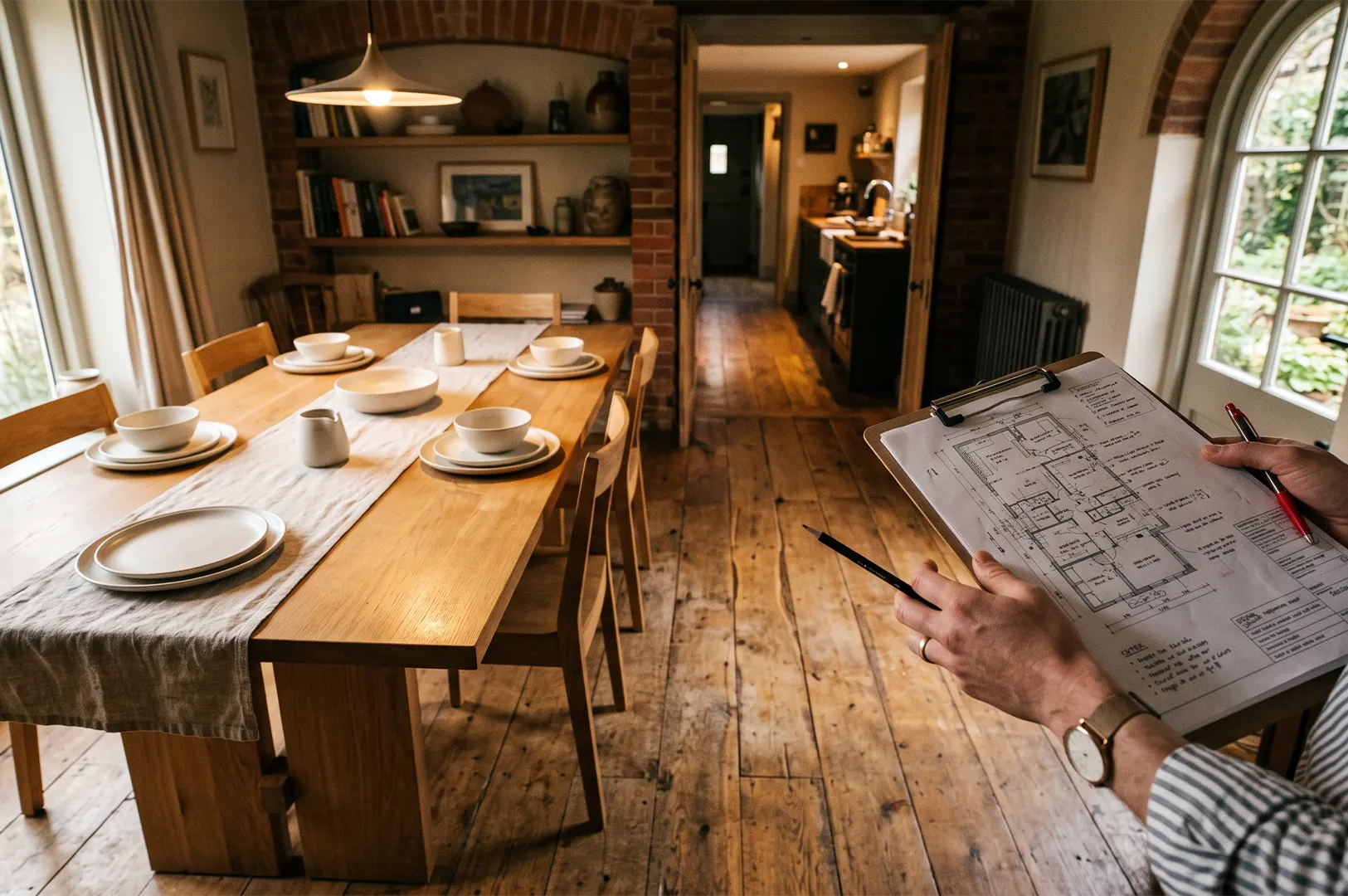 Home inspector holding a clipboard with architectural floor plans in a rustic dining room with wooden table setup