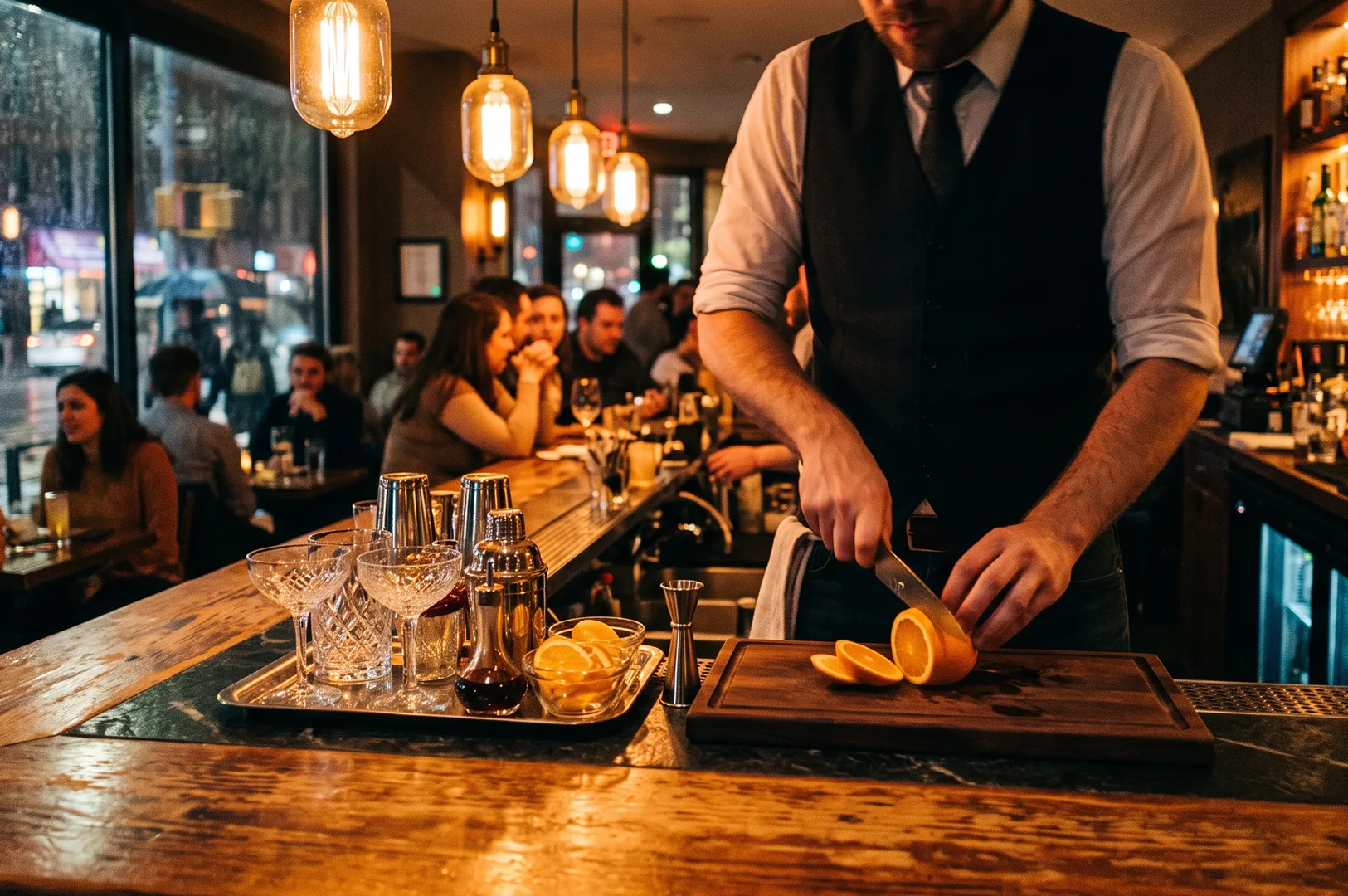 Professional bartender slicing a fresh orange garnish on a wooden cutting board at a cozy craft cocktail bar