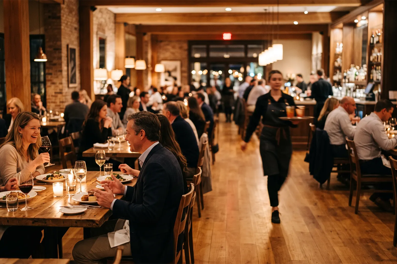 A lively, warmly lit restaurant filled with diners seated at wooden tables enjoying food and drinks. In the center, a server walks through the dining room carrying a tray of beverages, while other guests converse and dine throughout the space. The interior features wooden floors, exposed brick, pendant lighting, and a bar area in the background, creating an inviting and upscale dining atmosphere.