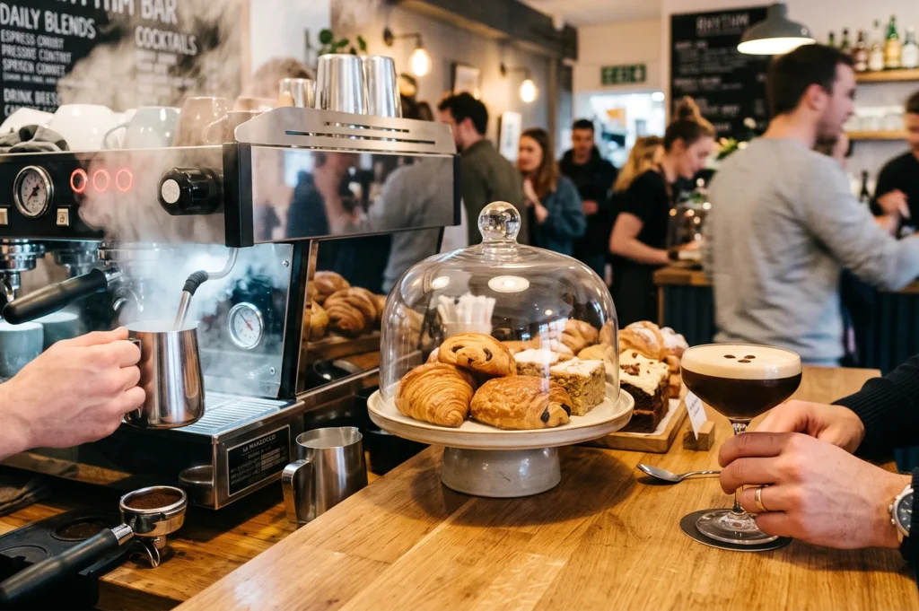 Hand holding an espresso martini cocktail next to a glass display dome filled with fresh butter croissants and pastries at a coffee bar.