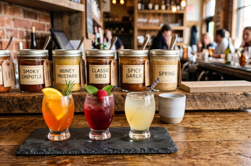 Flight of three colorful craft cocktail drinks garnished with orange, raspberry, and lavender next to custom sauce jars at a rustic bar.