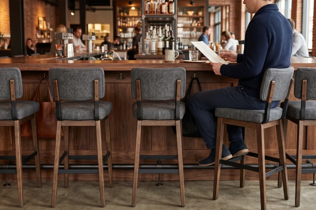 Man reading a menu while seated on a comfortable modern upholstered wooden bar stool at a high wooden bar counter.