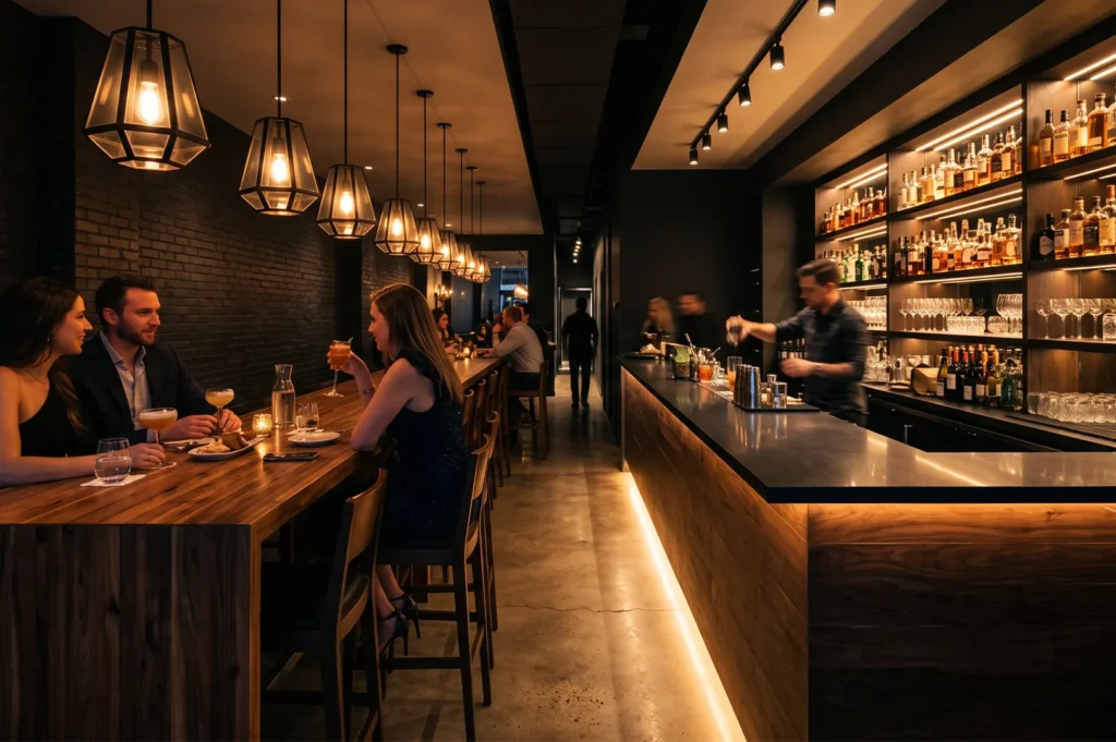 Dimly lit luxury lounge bar interior with warm geometric pendant lights, long wooden high-top table, and illuminated liquor shelves.