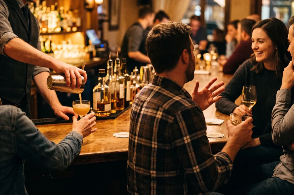 Bartender pouring a freshly shaken cocktail from a shaker into a glass for smiling guests conversing at a rustic wooden bar.