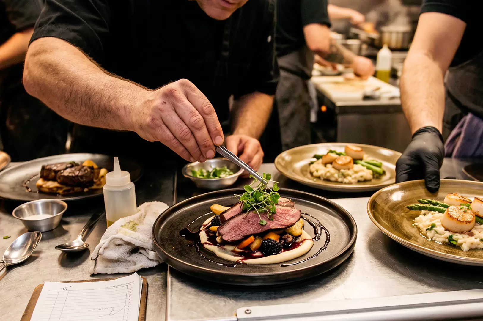 A chef using tweezers to garnish sliced duck breast with microgreens on a plate, alongside seared scallops and asparagus risotto.