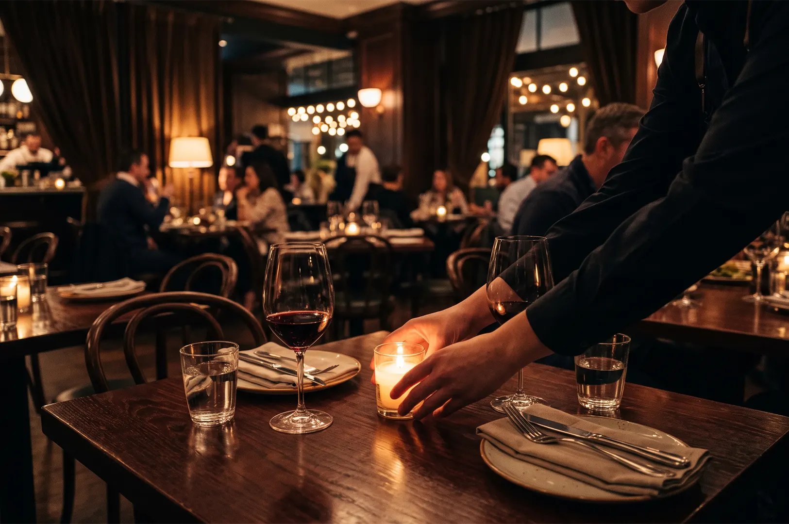 Close-up of a server placing a lit candle on a dark wooden dining table set with red wine glasses, water tumblers, and cloth napkins inside a dimly lit upscale restaurant.