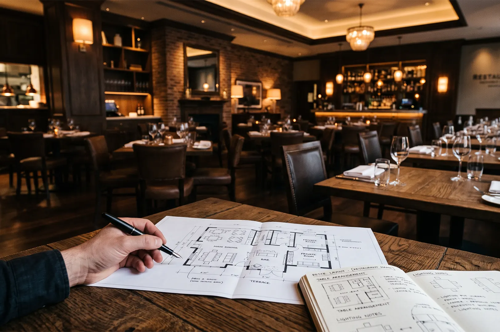 Architect drafting a detailed restaurant floor plan and table layout on a wooden dining table inside a warm, upscale restaurant interior.