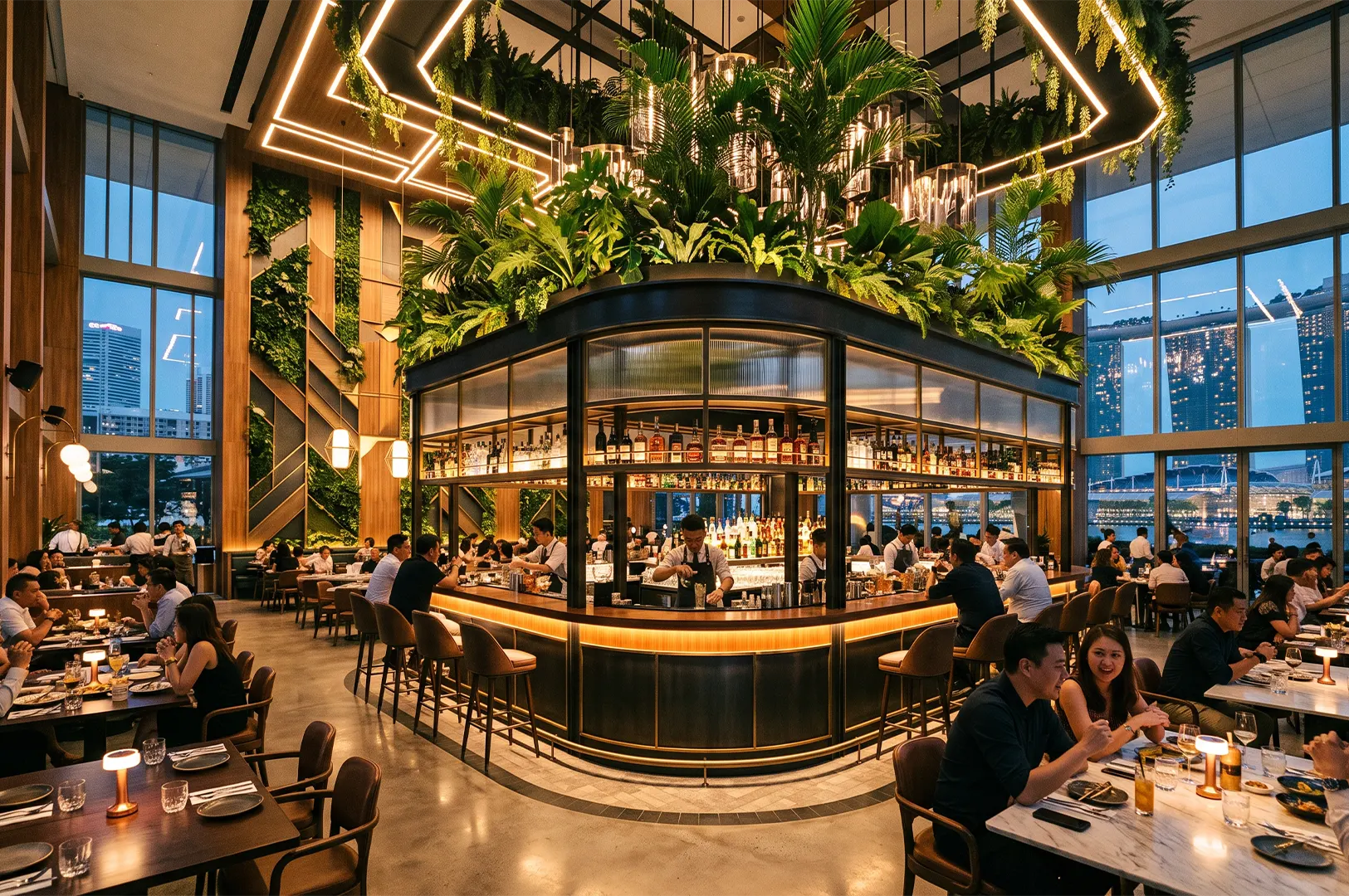 Modern luxury cocktail bar and restaurant featuring a central island bar with lush tropical plants, overhead lighting, and guests dining near large glass windows.