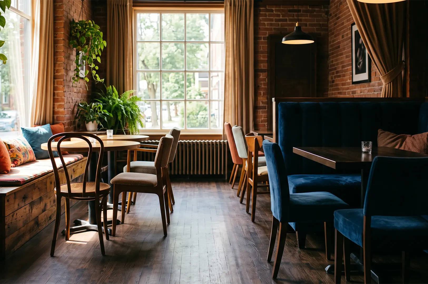 Cozy cafe interior with exposed brick walls, plush blue velvet booth seating, wooden tables, and large sunlit windows.