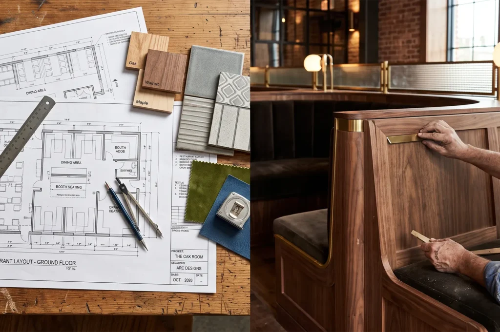Split image showing architectural blueprints with wood and tile material swatches on the left, and a craftsman installing brass accents on custom dark walnut booth seating on the right.