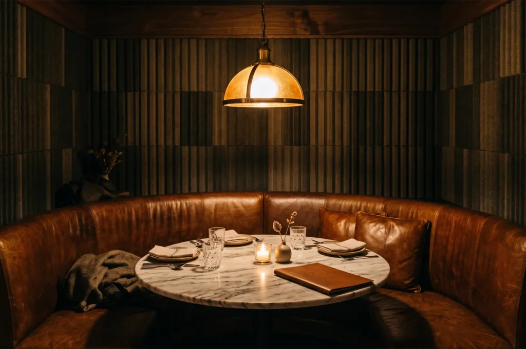 Intimate dining booth with plush curved brown leather seating, a round marble table set with napkins and glasses, and a glowing candle under warm pendant lighting.