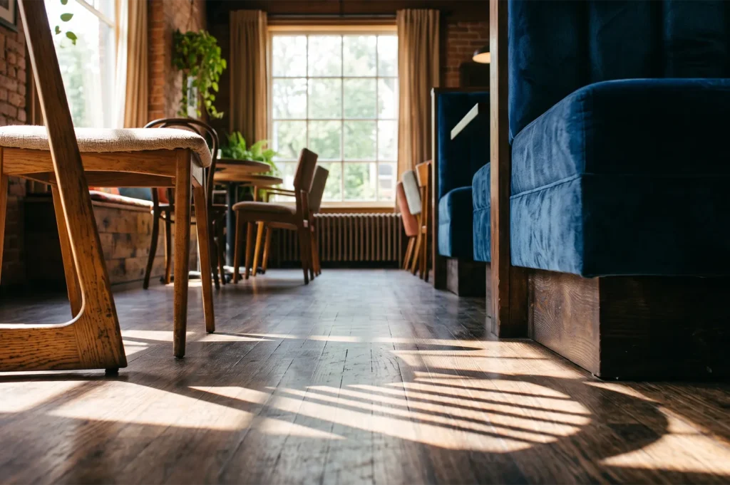 Low angle view of rustic restaurant hardwood floor with sunlight reflection, wooden chairs, and blue upholstered booth.