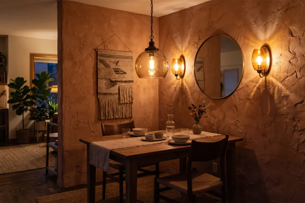 Warmly lit rustic dining nook featuring textured plaster walls, a round wooden dining table, woven macrame wall art, a glass pendant light, and warm wall sconces.