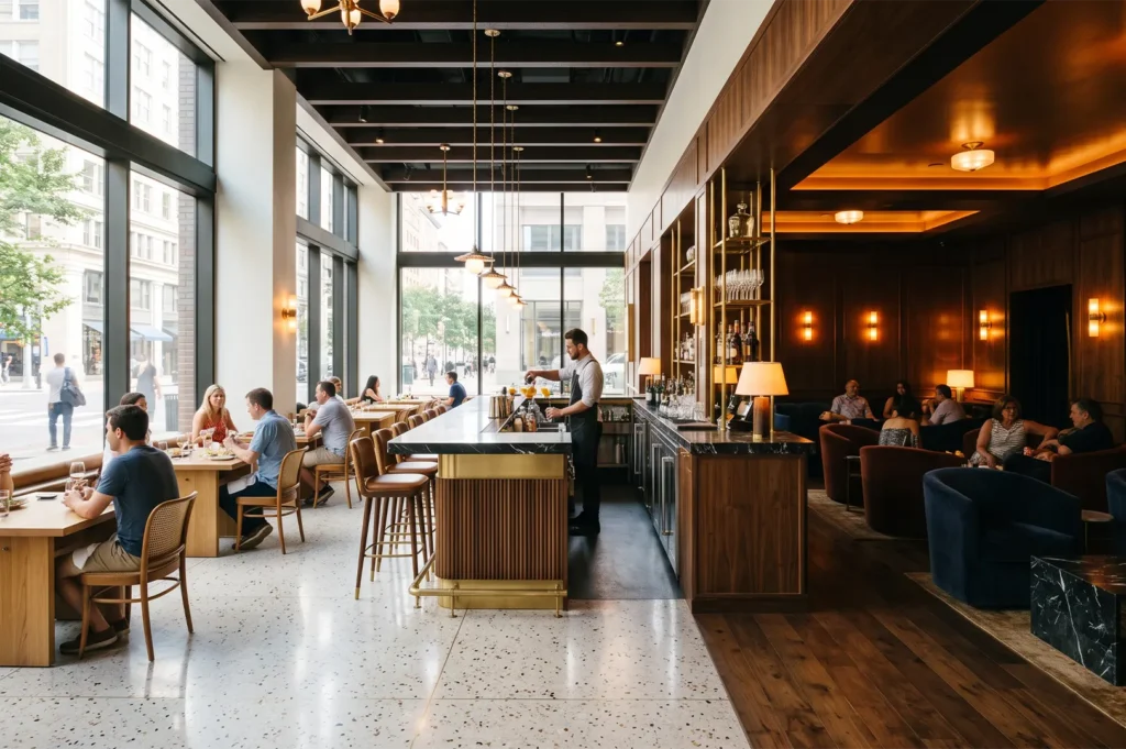 Spacious upscale bistro featuring a bartender preparing drinks at a wood and brass bar, with diners seated at wooden tables alongside large street-view windows.