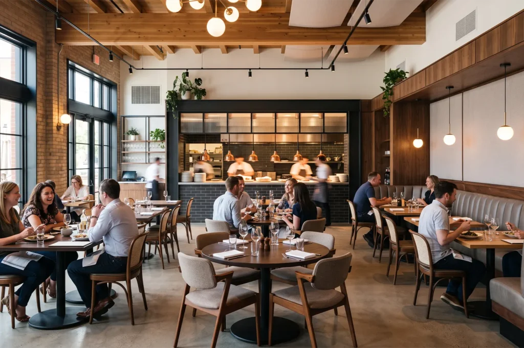 Spacious and bright modern restaurant dining room filled with guests, exposed brick walls, wooden ceiling beams, round dining tables, and a view of the open kitchen station.