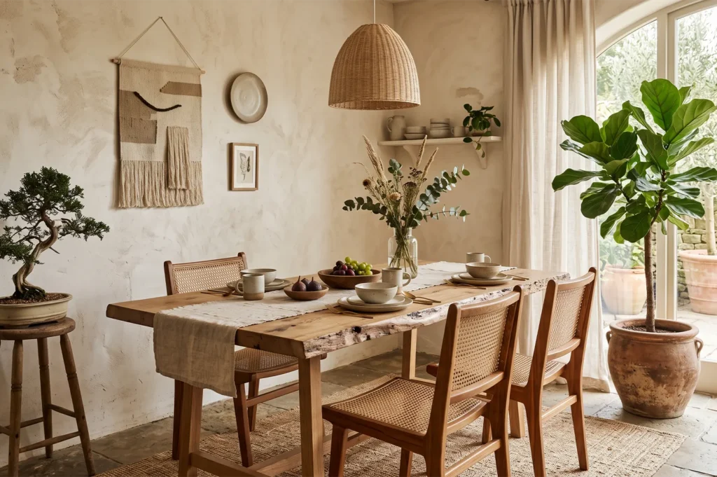 Rustic bohemian dining space with a natural edge wooden dining table, woven cane chairs, rattan pendant light, woven wall hanging, and indoor potted plants.