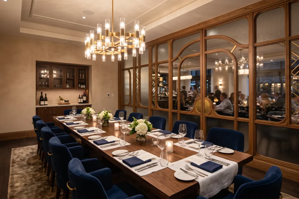 Elegant private dining room featuring a long dark wood conference table, navy blue velvet dining chairs, a gold chandelier, white floral centerpieces, and arched glass partitions.