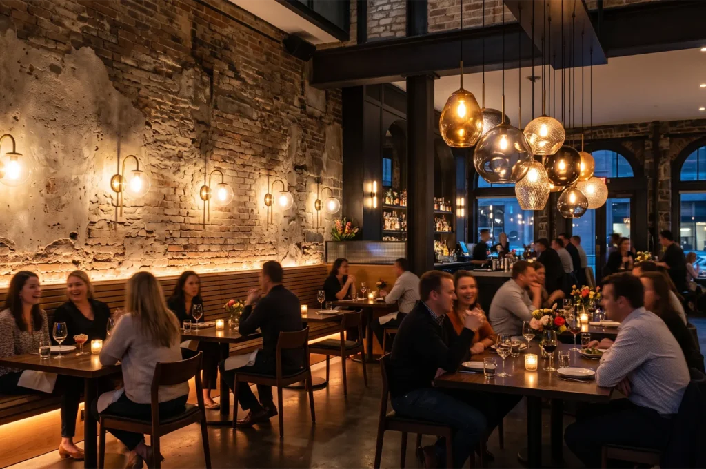 Dimly lit industrial chic restaurant with exposed brick walls, warm glass globe pendant lights, and guests enjoying dinner at wooden tables.