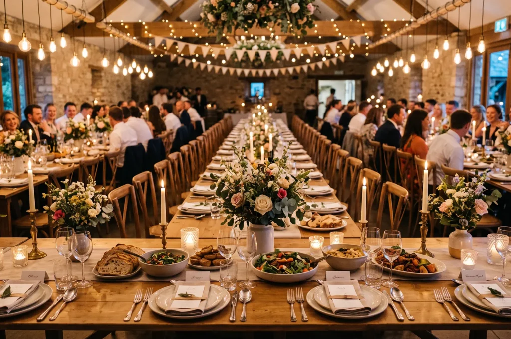 Rustic barn wedding reception featuring long wooden banquet tables dressed with floral centerpieces, lit candles, string fairy lights, and seated guests.