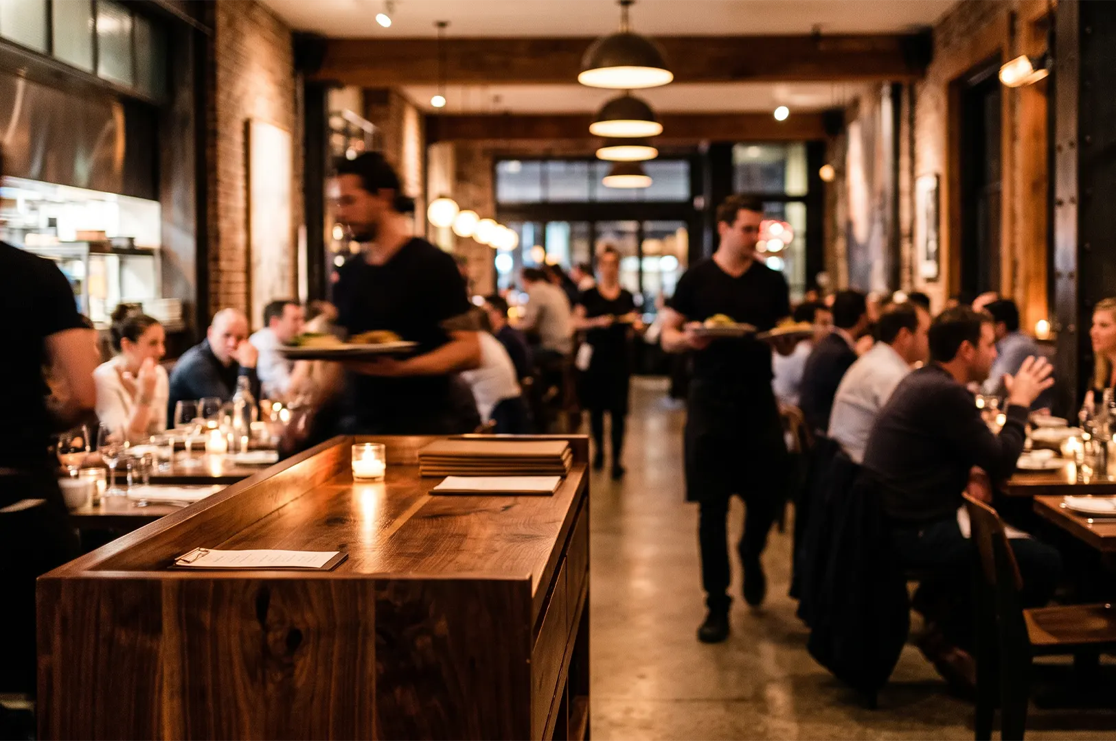 Waiters serving diners in a dimly lit, cozy, modern restaurant with warm industrial pendant lights and rustic wooden tables.