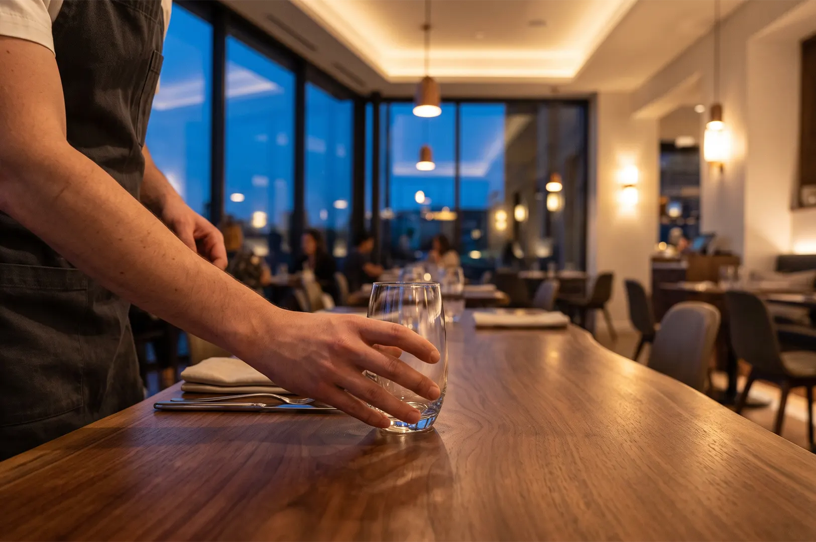 Close-up of a waiter placing a water glass on a wooden dining table in a modern upscale restaurant during dusk.