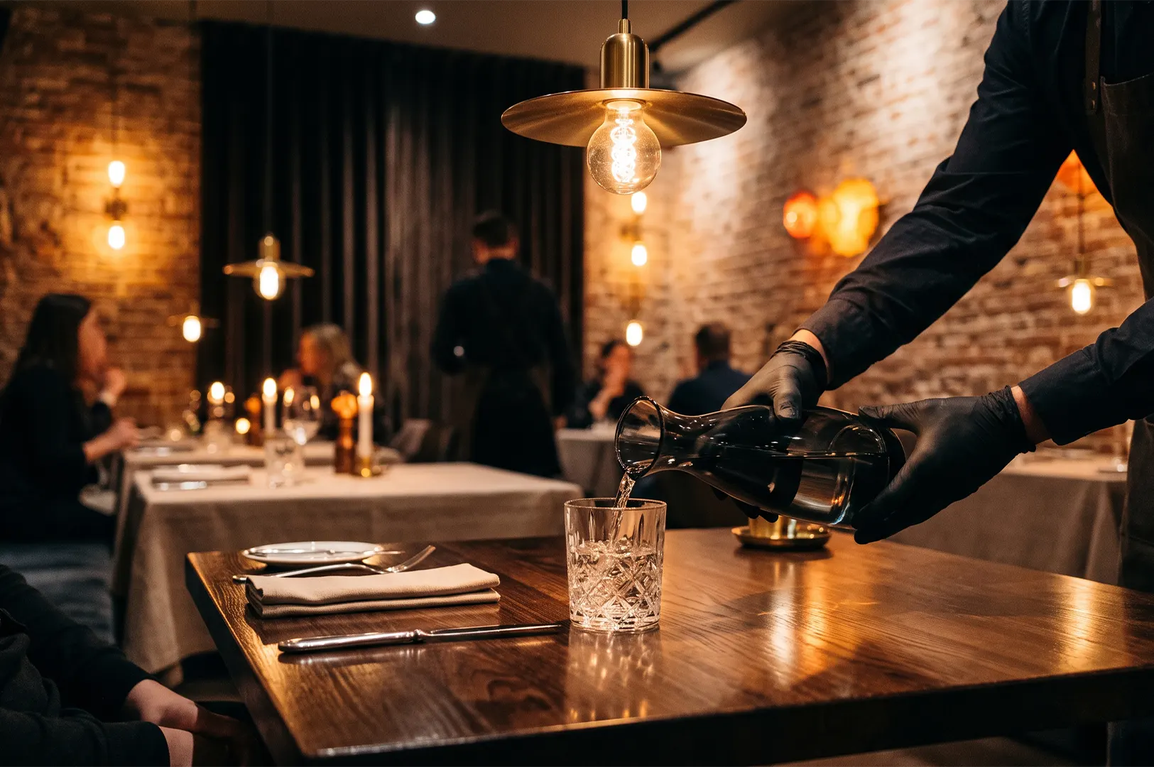 Waiter wearing black gloves pouring water into a crystal glass at an elegant fine dining restaurant.