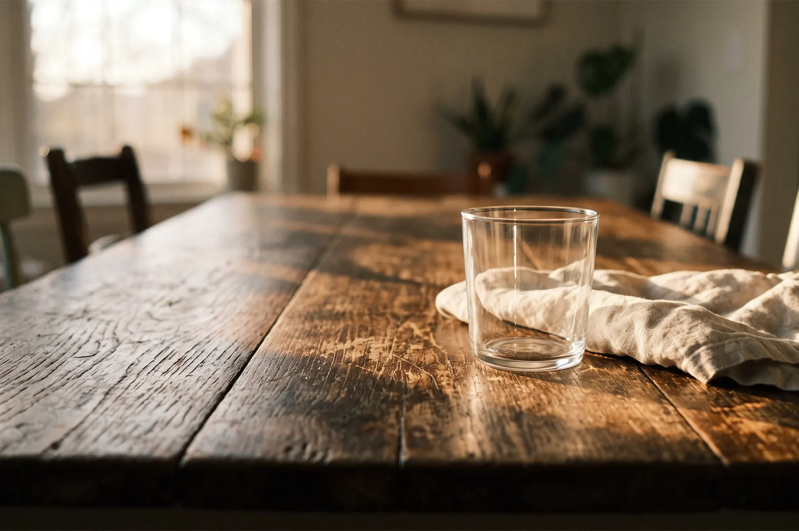 An empty clear water glass on a linen napkin resting on a warm rustic wooden dining table.