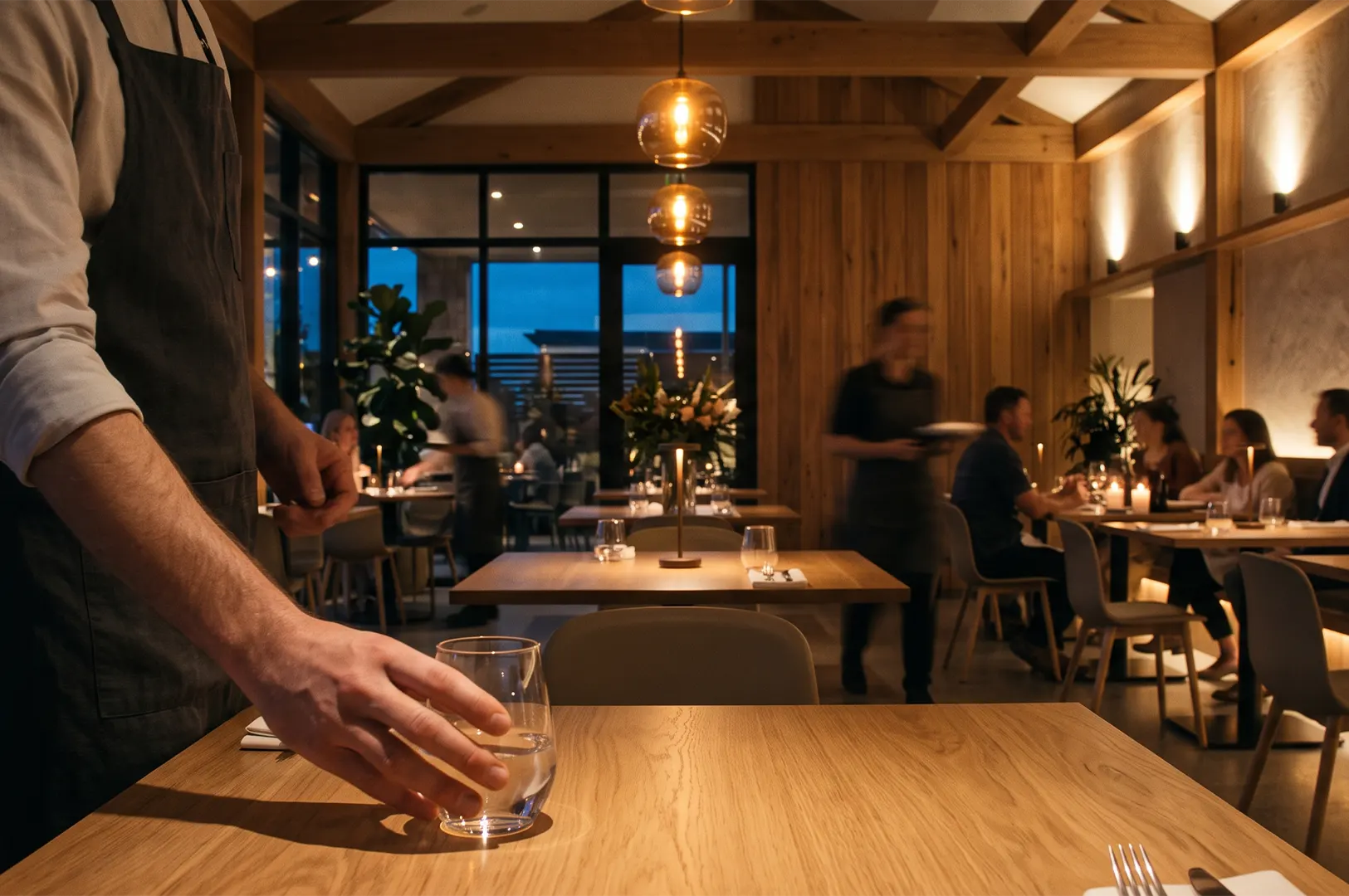 Warm modern restaurant dining room with wooden tables, pendant lights, and servers catering to guests.