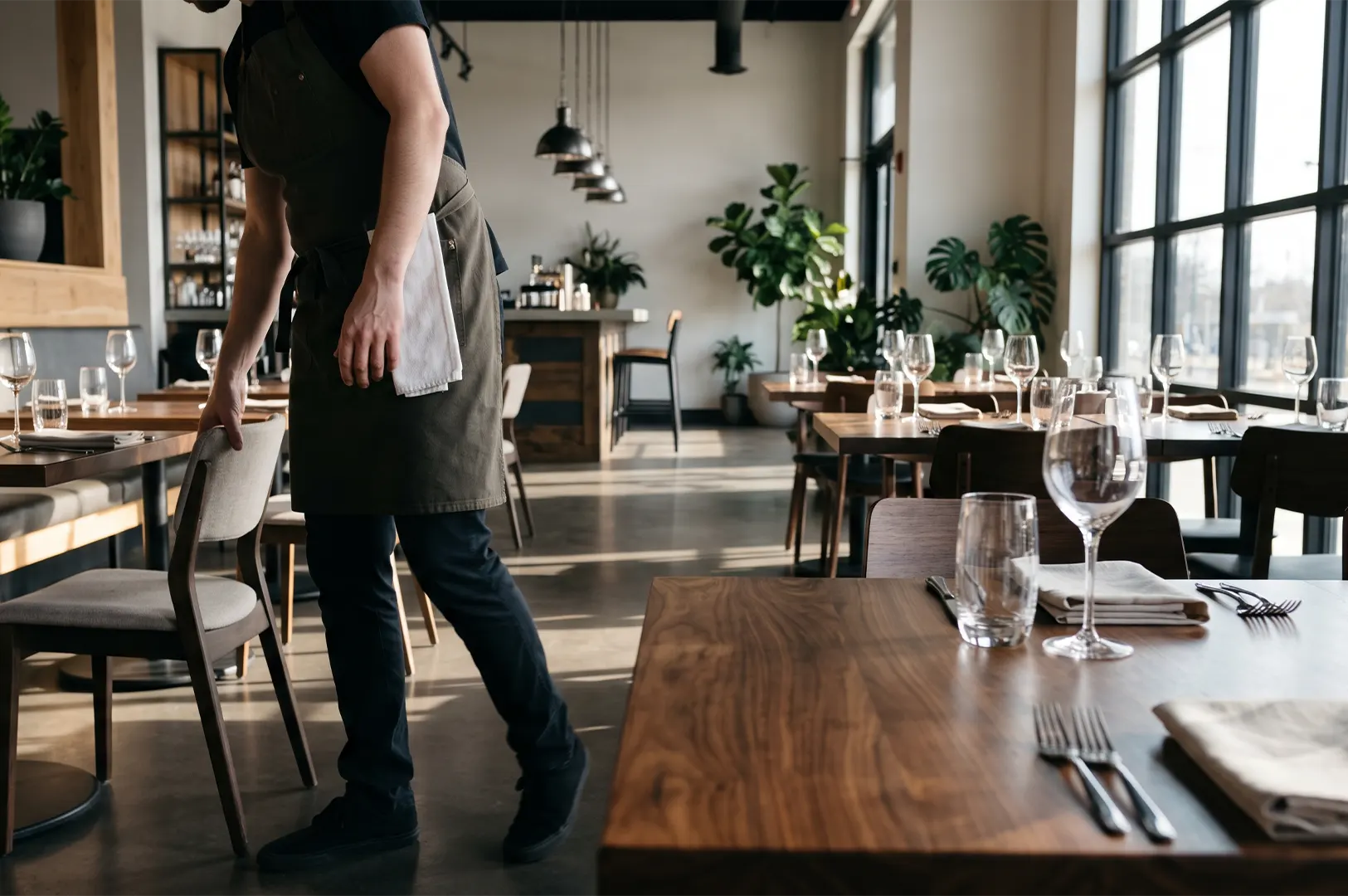 Waiter in an apron adjusting a chair while setting up dining tables with glasses and cutlery in a modern bistro
