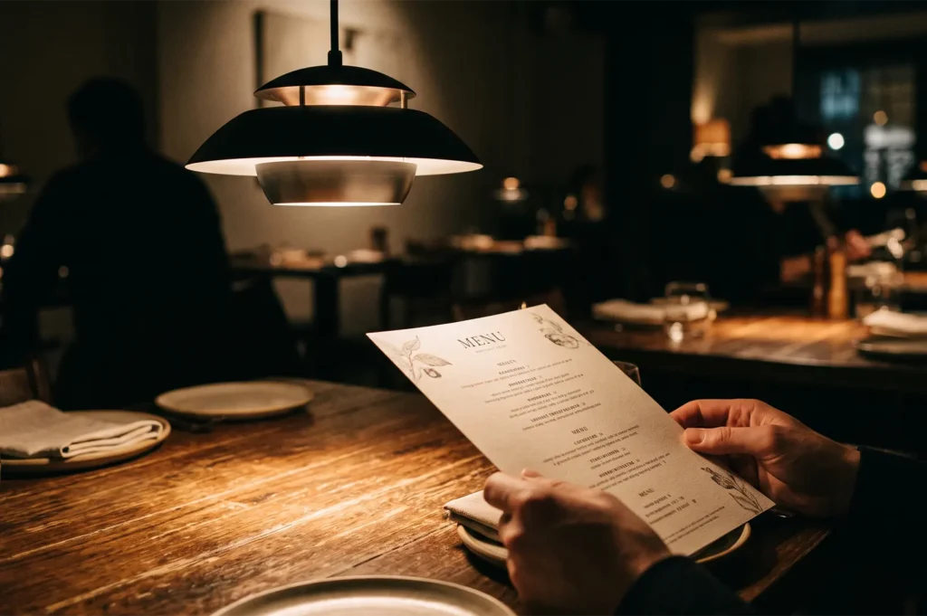 Close-up of a customer holding and reading a printed dinner menu under warm overhead pendant lighting at a wooden restaurant table.
