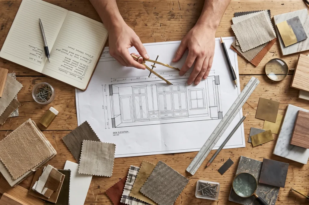 Flat lay of architectural cabinetry blueprints, drafting compass, fabric swatches, wood samples, and stationery on a wooden workbench.