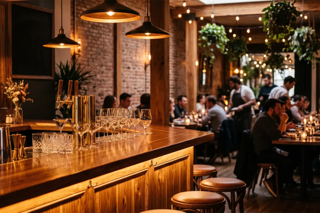 Warmly lit wooden bar counter lined with stemware glasses in a cozy restaurant filled with patrons.