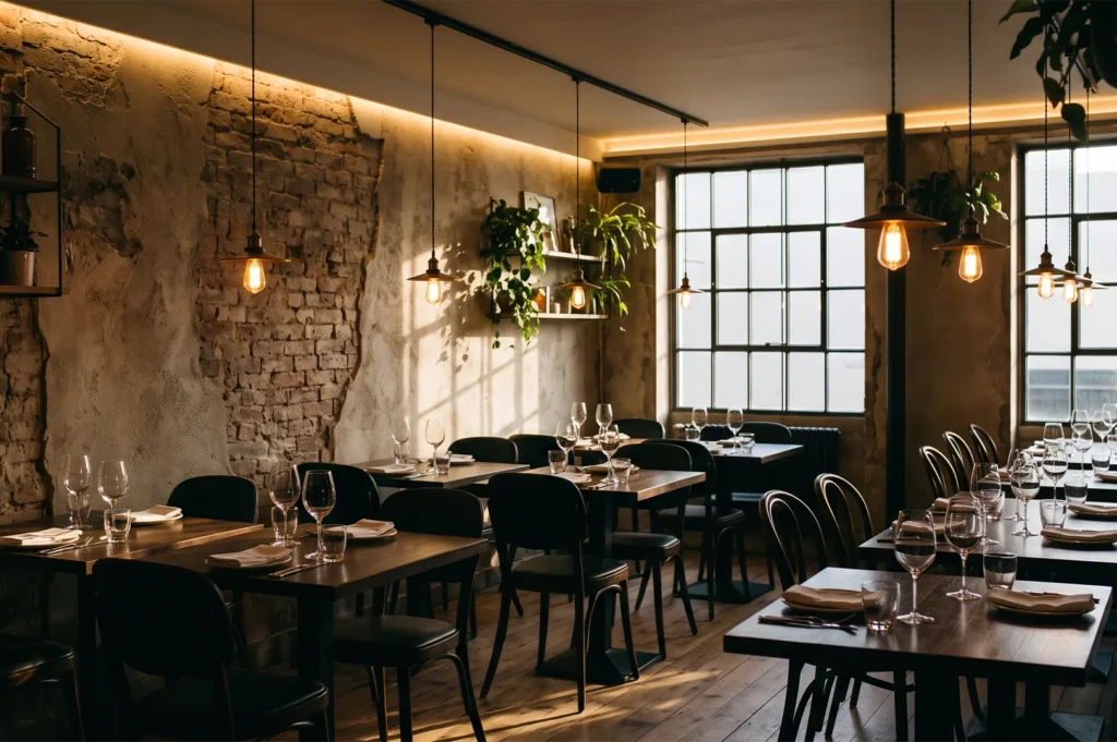 Rustic industrial restaurant dining space featuring exposed brick walls, warm Edison bulb pendant lights, and dark wood tables.