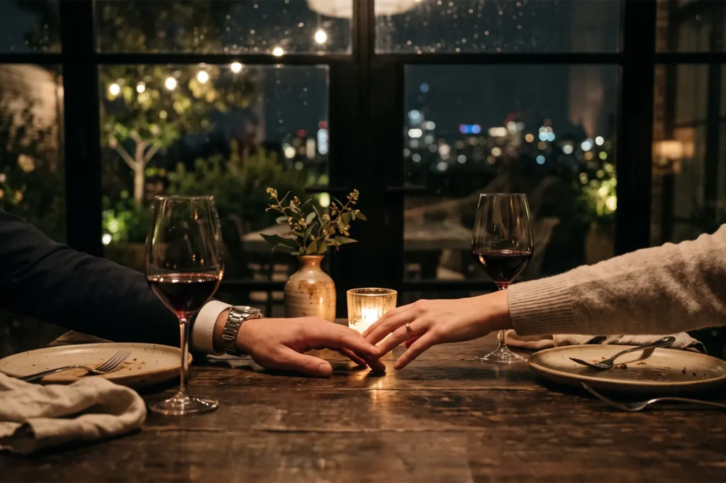 Couple holding hands across a wooden dining table with red wine glasses and a votive candle against a city lights night view.