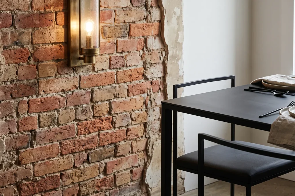 Minimalist black metal dining table and chair set against an exposed red brick wall with a vintage brass wall sconce light.