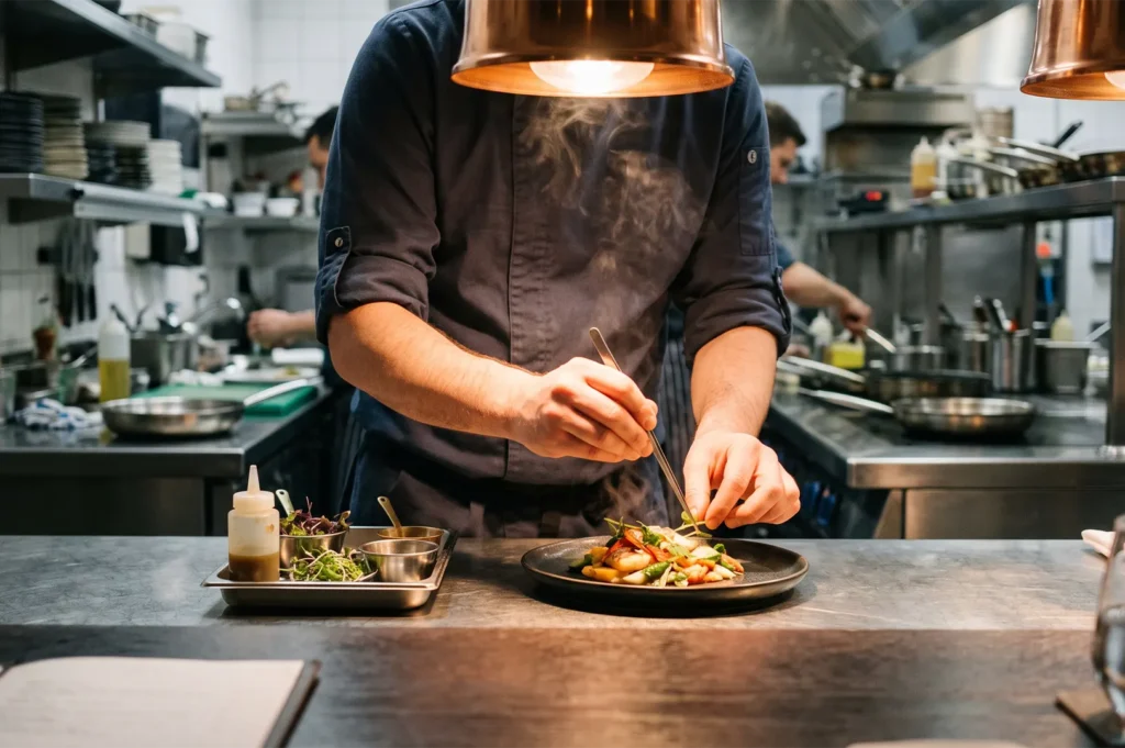Professional chef meticulously plating a gourmet dish using tweezers under heat lamps in a busy restaurant kitchen.