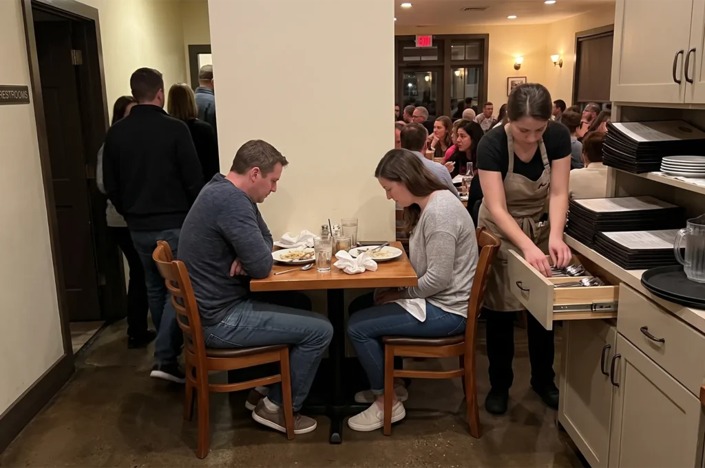 Waitress organizing silverware near diners eating at a small wooden table in a busy casual restaurant.